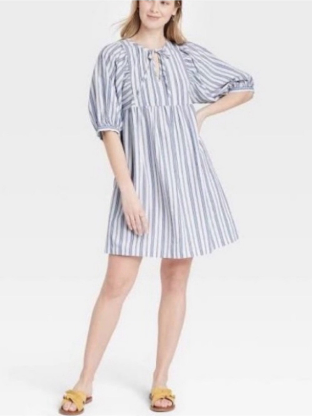 Universal Thread Blue and White Striped Puff-Sleeve Mini Dress